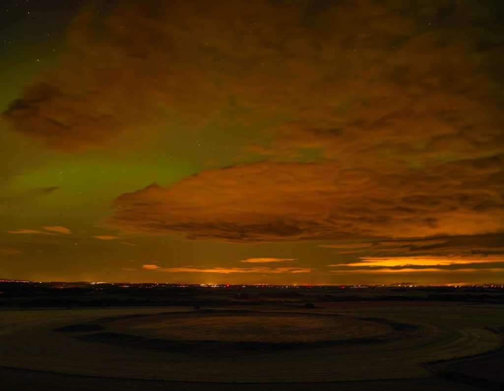 Northern Lights over Thornborough Central Henge Nov 2023